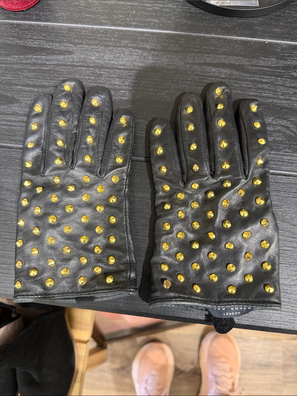 Black Leather Studded Men's Gloves with Gold Accents
